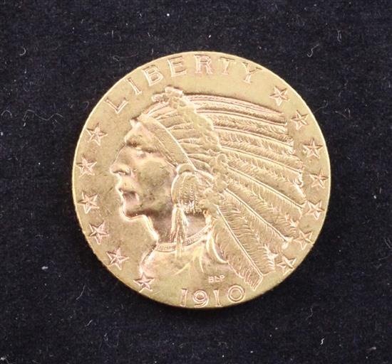 A USA 1910 Indian head gold 5 dollars,